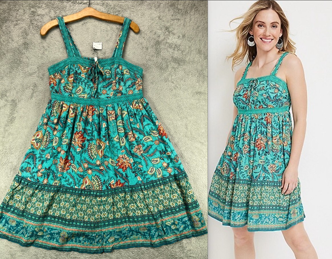 MAURICES NEW Womens Mini Dress Boho Paisley Medium Green Babydoll Dress Crochet
