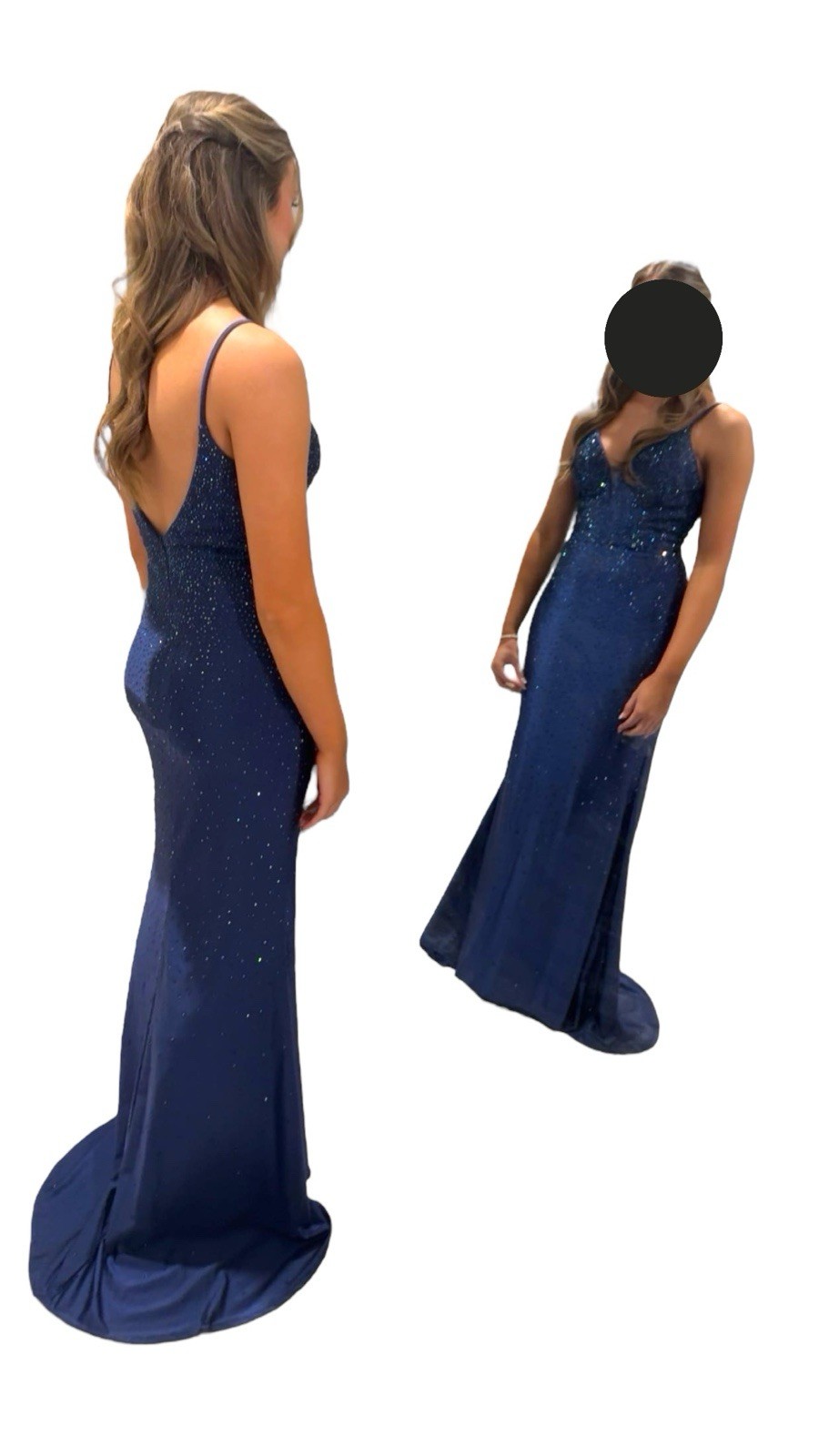 Dancing Queen Navy Blue Beaded Sparkling Maxi Train Evening Dress Sz S
