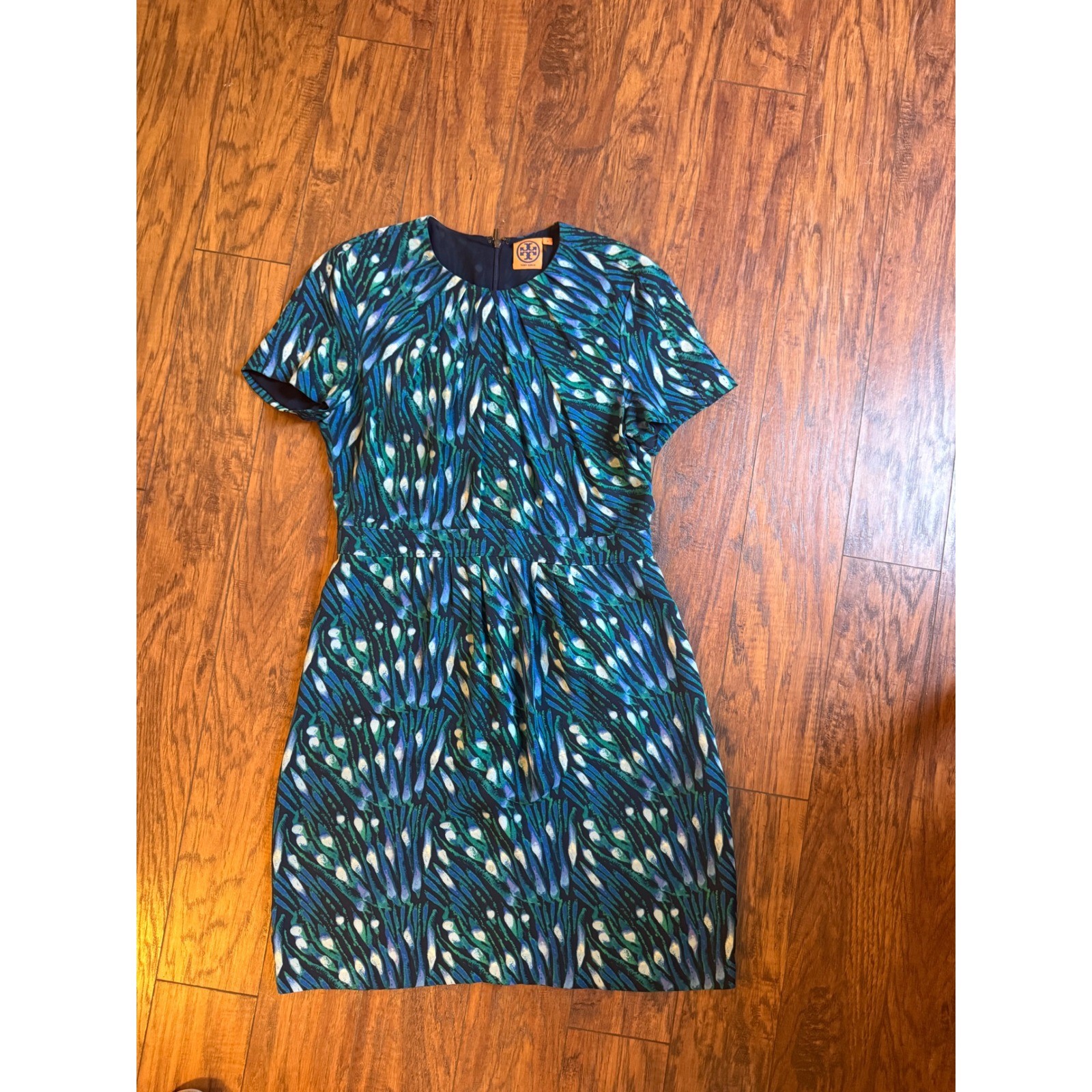 Tory Burch Womens Silk Short Sleeve Abstract Peacock Print Dress Blue Green Sz 8