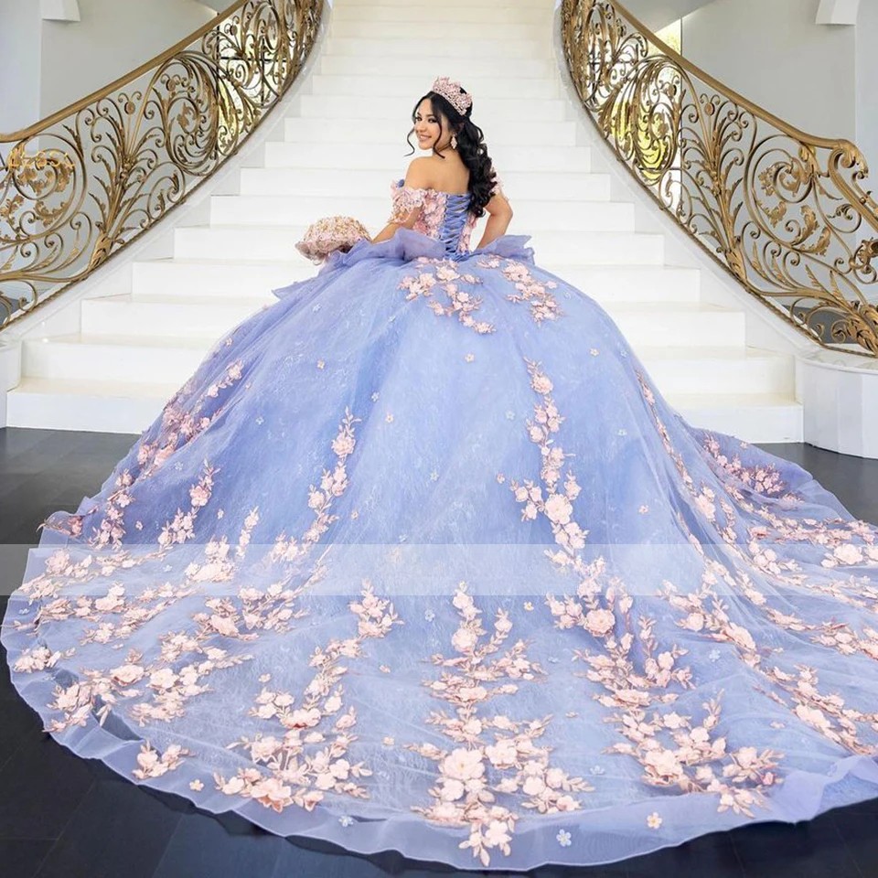 Lilac Princess Quinceanera Dresses Luxury 3D Flowers Beaded Ball Gowns Sweet 16