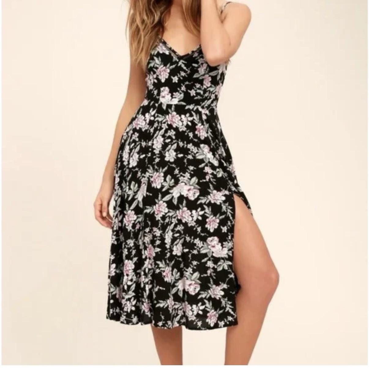 Lulu’s Black Pink White Floral Adjustable Strap Slit Midi Dress