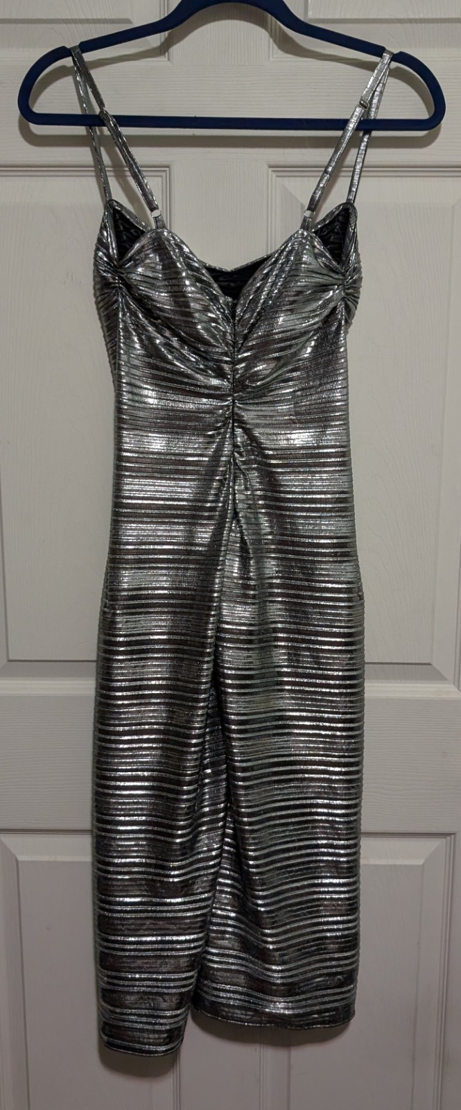Georgia Hardinge Silver Bodycon Midi Dress UK.6 US 2 Stretchy Spaghetti Strap
