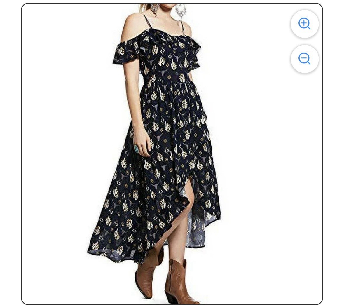 Ariat Western Rodeo Midi Dress Ruffle Hem Peasant Cowgirl Size 12 Blue