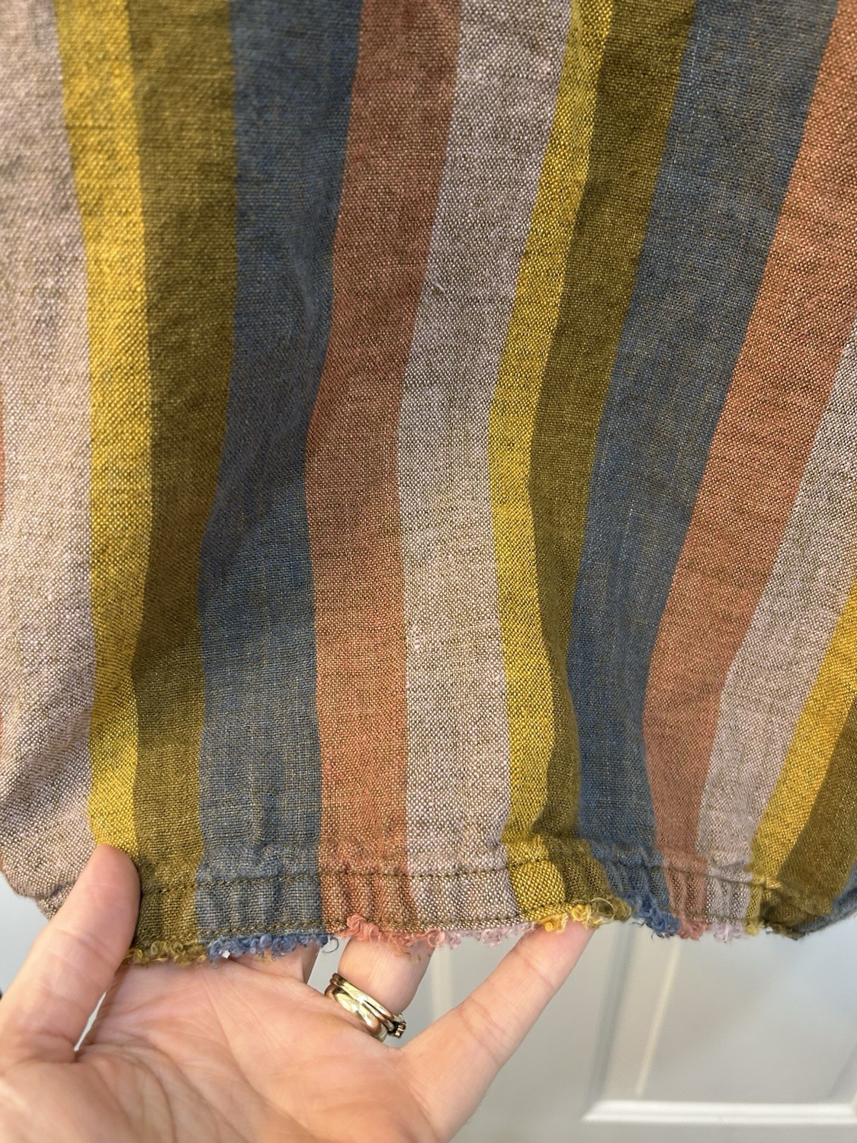 Garnet Hill Muted Stripe Linen Shift Dress Sz 12 Sleeveless Raw Hem Pockets