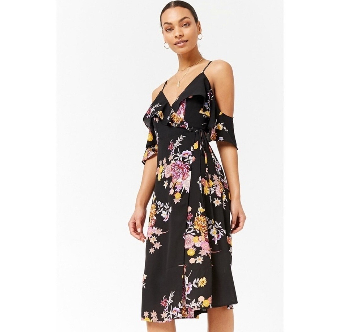 Forever 21 Black Tropical Floral Print Cold Shoulder Dress Size Small