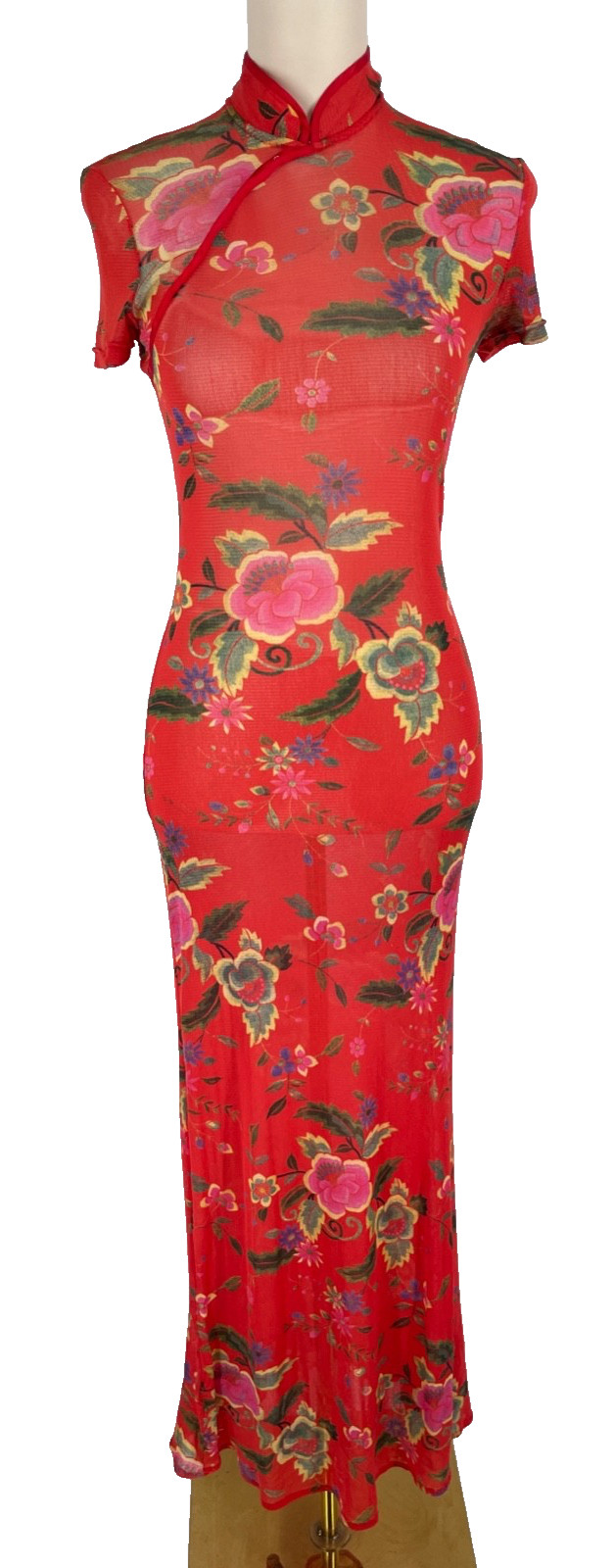 Vivienne Tam 0 Asian Inspired Mesh Dress red maxi floral short sleeve sheer