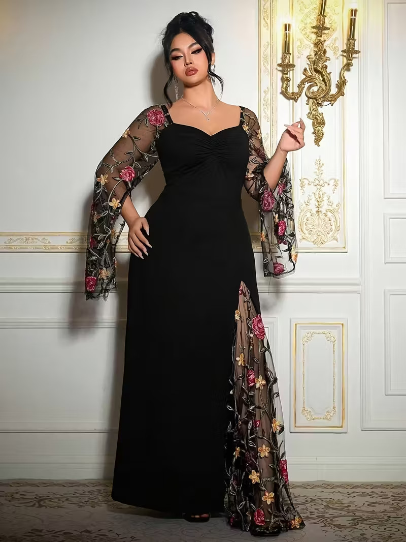 PLUS SIZE EMBROIDERED MESH BODYCON GOWN • SLIT SLEEVES • FORMAL ELEGANT • 2XL–4X