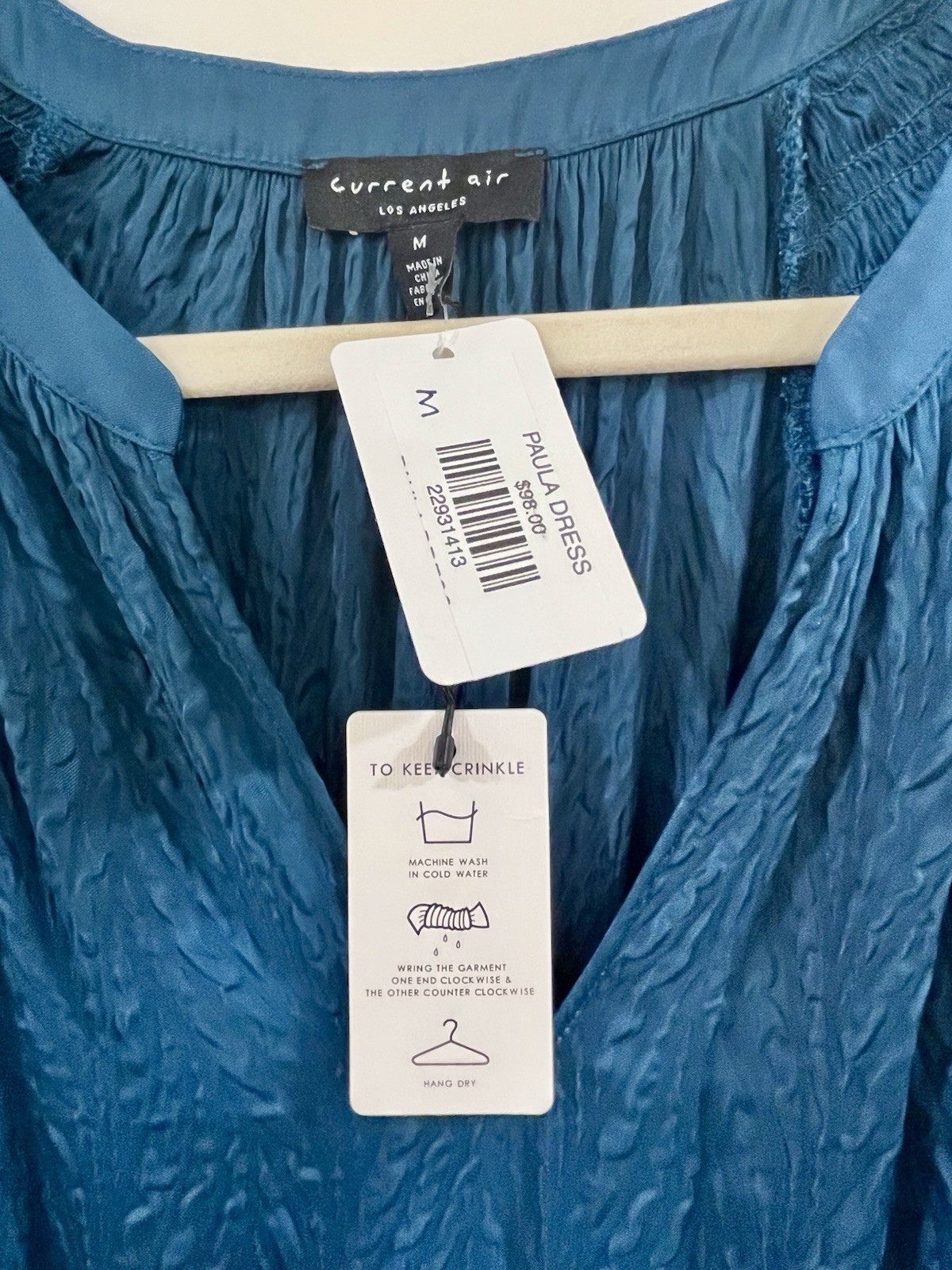 CURRENT AIR Anthropologie Long Sleeve Silky Crinkle Smocked Waist Dress Teal M