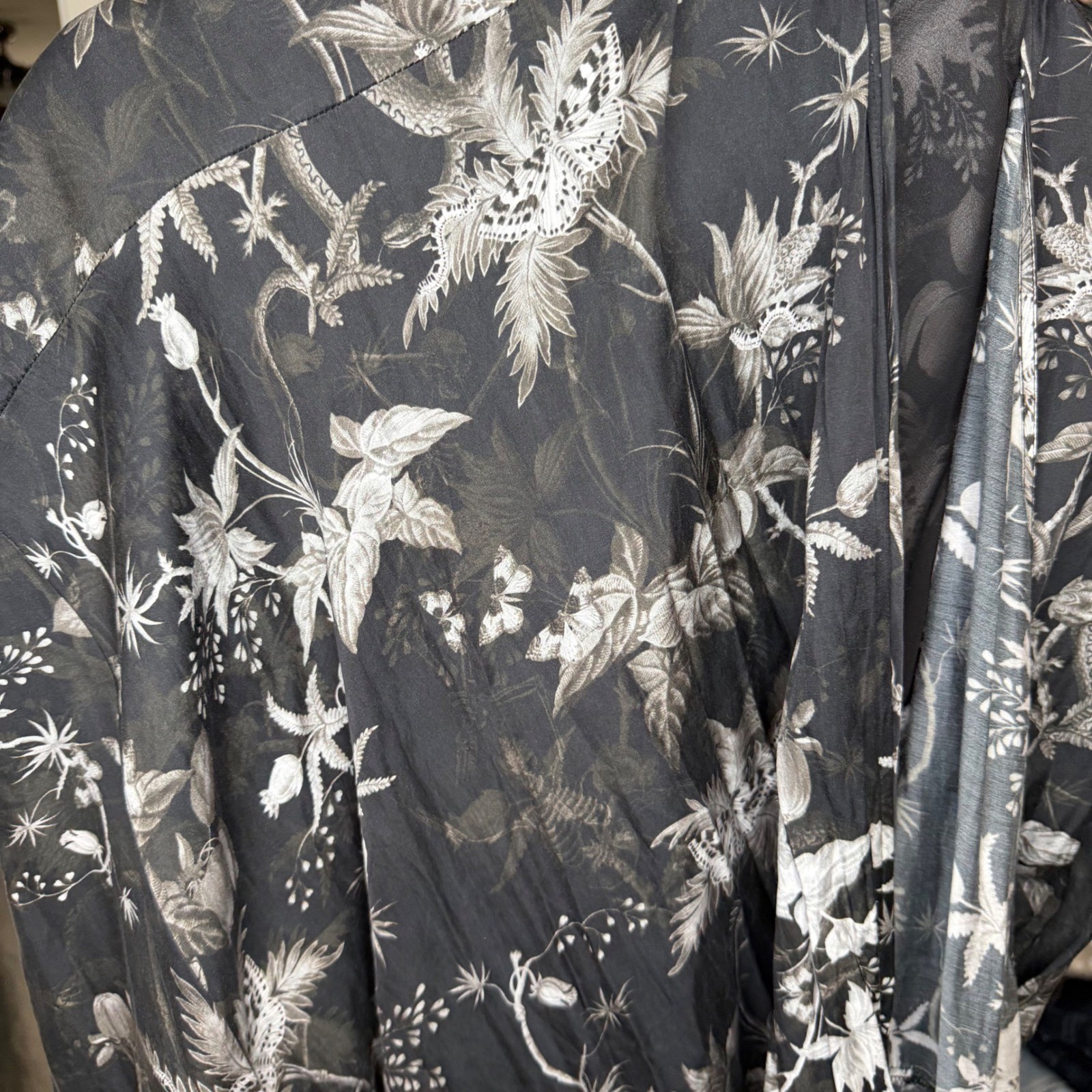 AllSaints Tage Evolution Silk Blend Wrap Midi Dress Black Floral Dragon Large