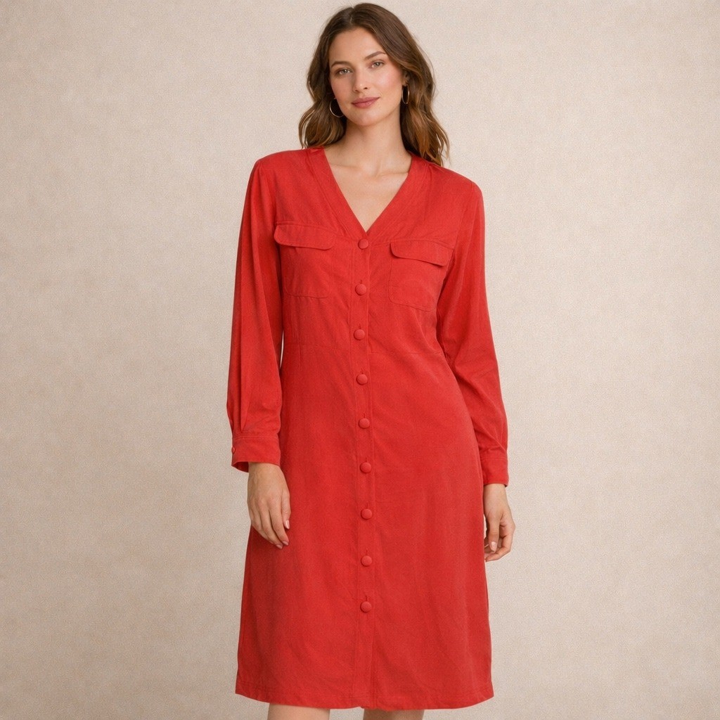 Tess Dress Silk Shirt Dress Womens 14 Coral Red Button Front Midi Vintage Style
