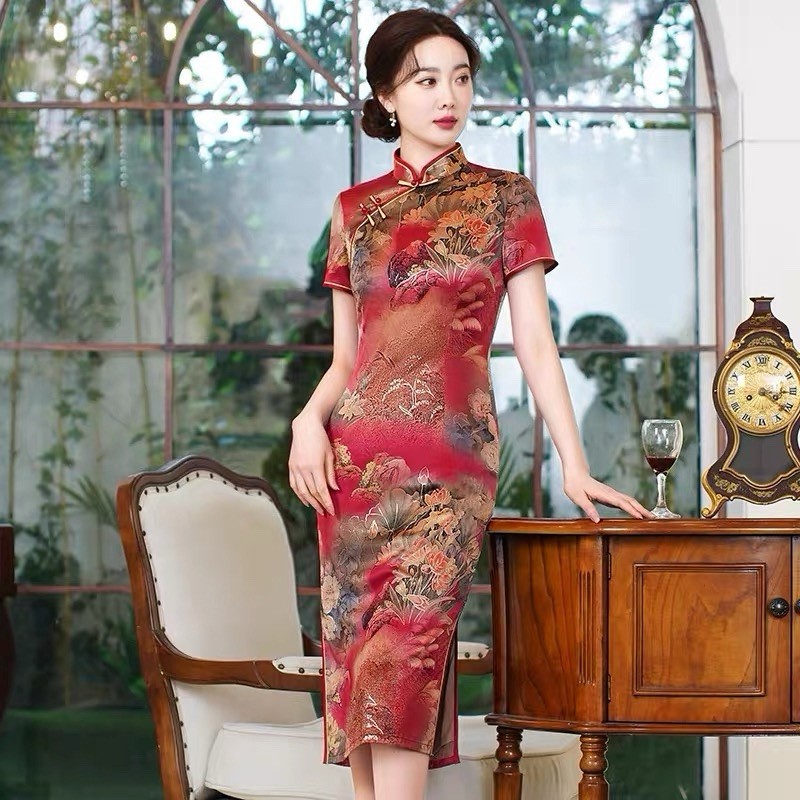 R19 Chinese Style Red Floral Cheongsam Qipao Dress Short Sleeve Elegant Vintage