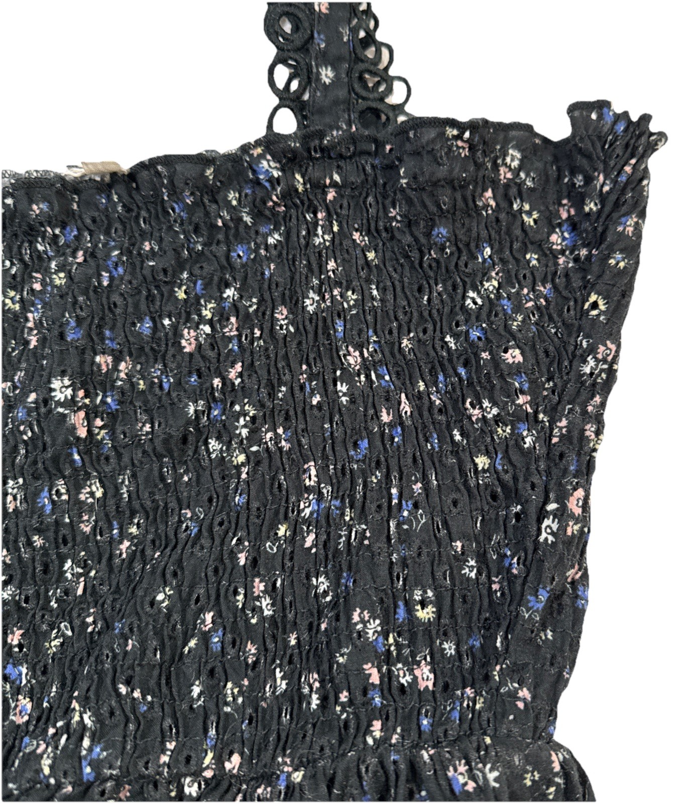 Anthropologie Maia Bergman Simone Smocked Black Floral Eyelet Midi Dress Size S