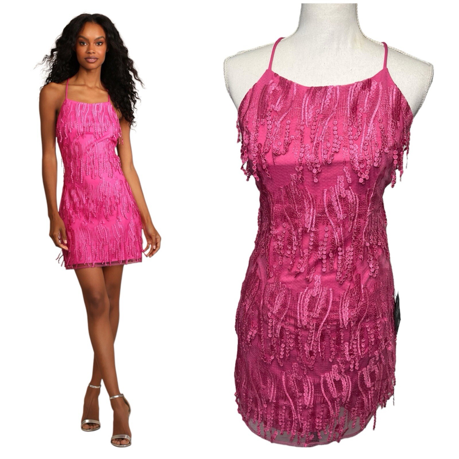 New Lulus Dress Womens M Making Magic Fringe Lace Up Mini Overlay Bright Pink