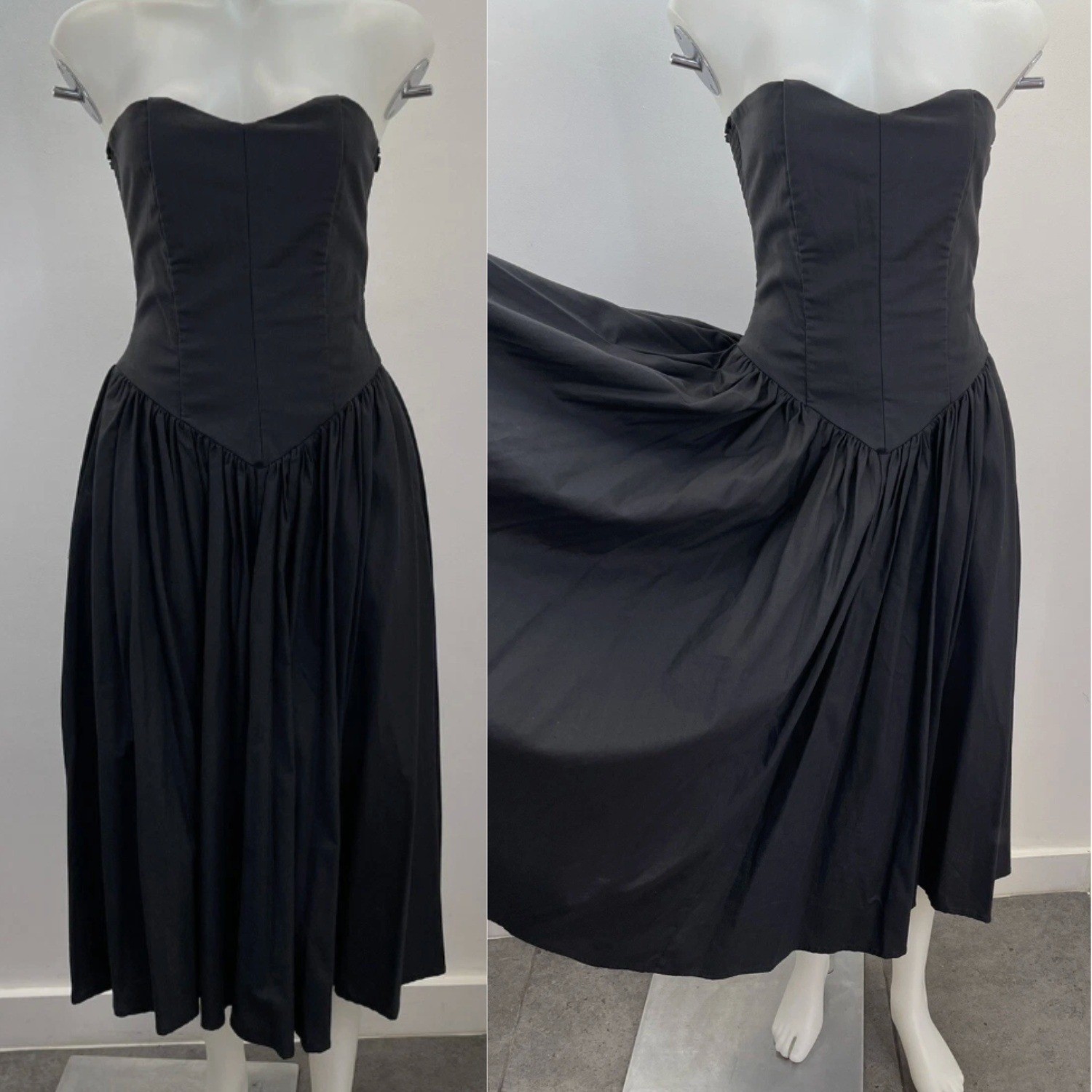 Vintage 80s Strapless Sweetheart Corset Midi Tea Dress Black Princess Waist SZ 8