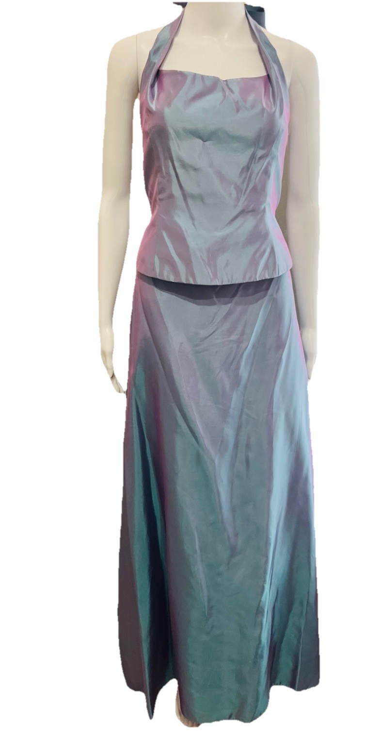 WTOO by Watters & Watters Blue Green Purple Iridescent Satin Train Gown Sz 8 VTG