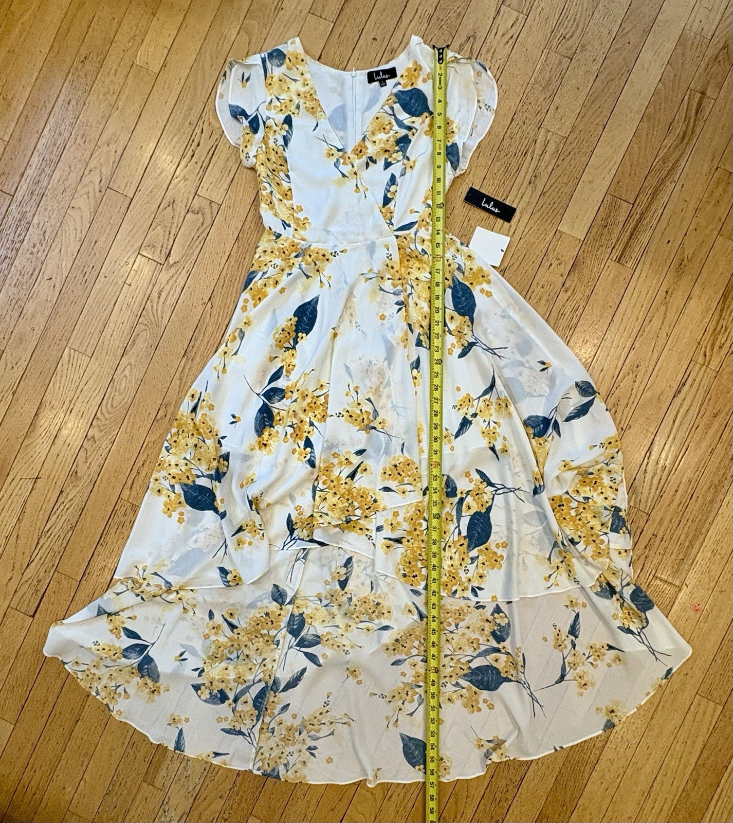 Lulus Dress L cream High-Low Yellow Blue Floral V-Neckfluter Sleeve Chiffon Zip