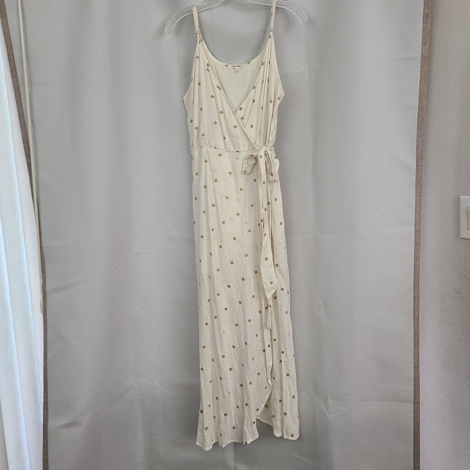 En Creme Sz M Ivory Sequins Faux Wrap Lightweight Cotton Sleeveless Midi Dress