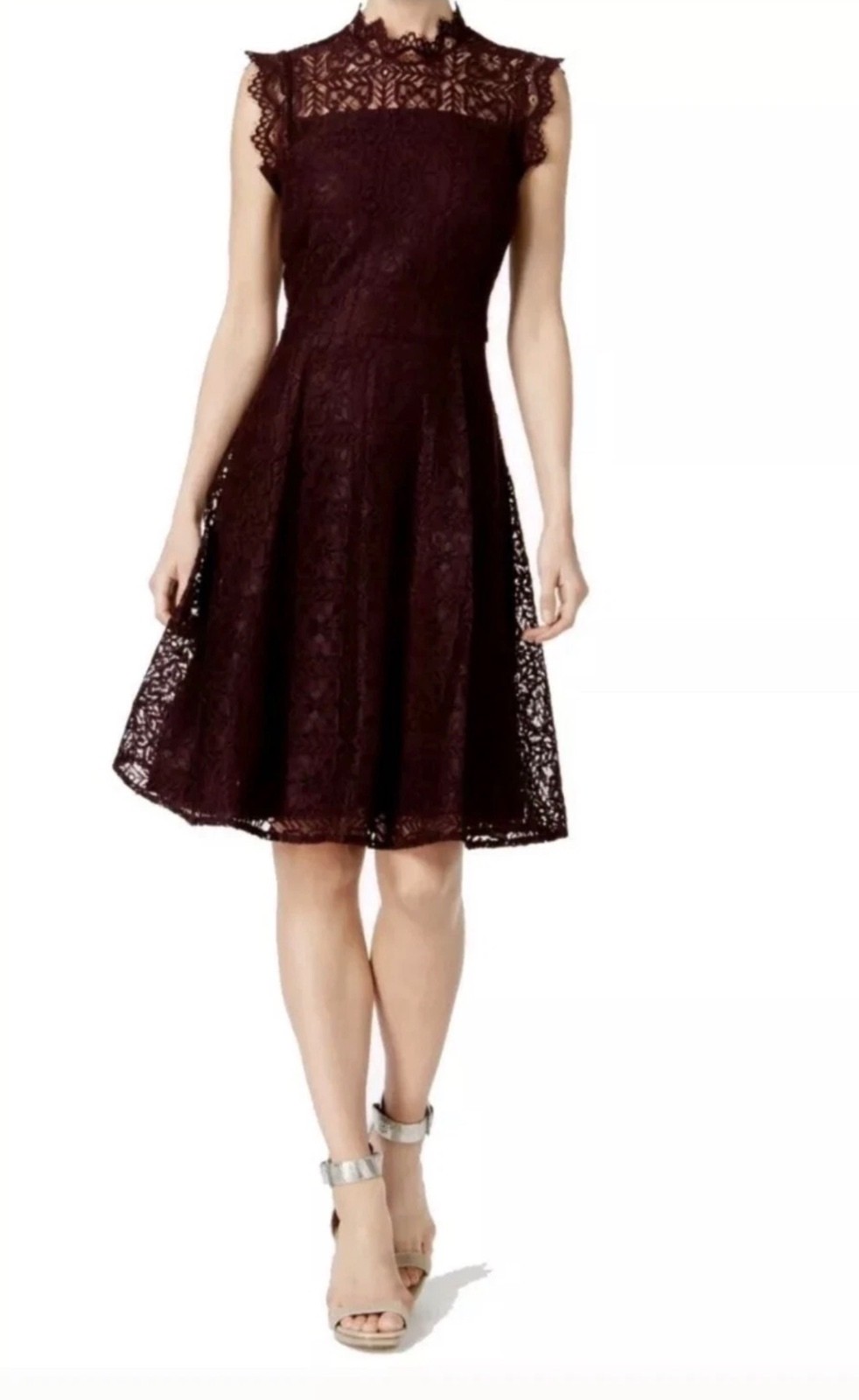 Calvin Klein Women’s Burgundy Lace Fit & Flare Dress Size 4 Sleeveless Cocktail