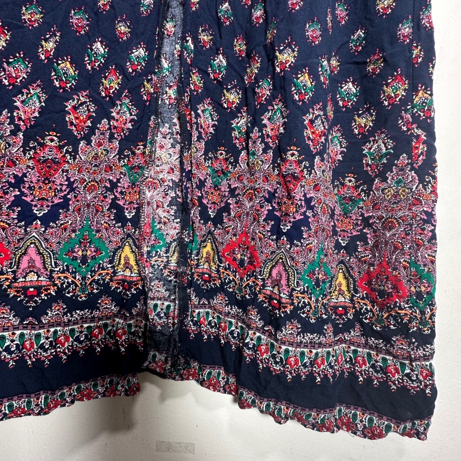 Bohemian Paisley Medallion Button Front Maxi Dress Navy Blue Red Women Large