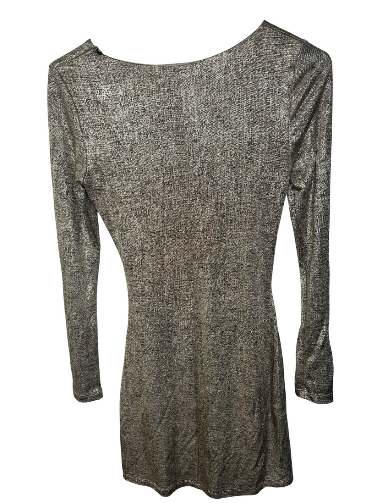 Lulus Silver Metallic Ruched Lined Stretch Boat Neck Long Sleeve Bodycon S