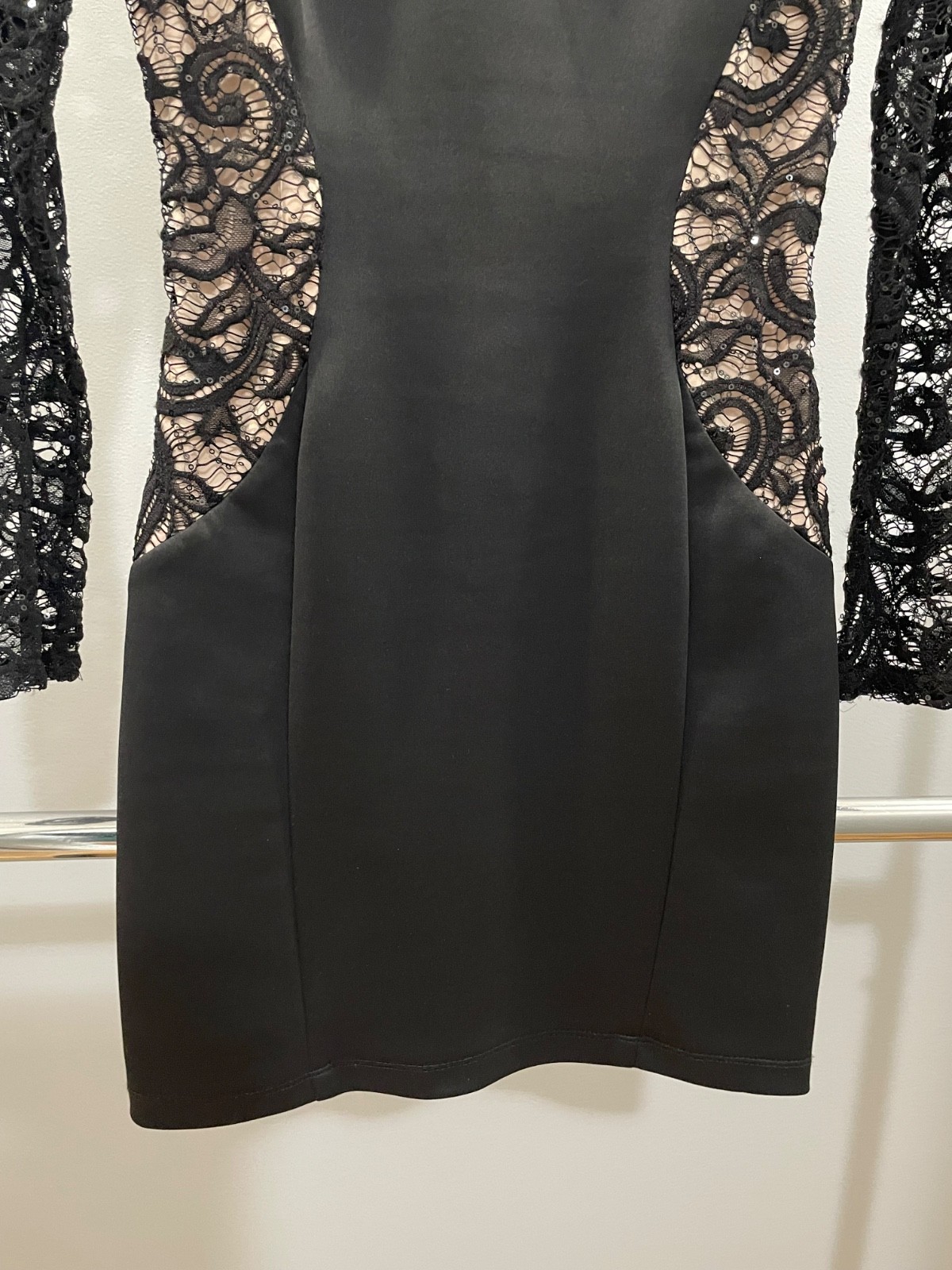 BCX Black Lace w/Sequin Bodycon Long Sleeve Dress, Nude Lined Panels Junior’s 7