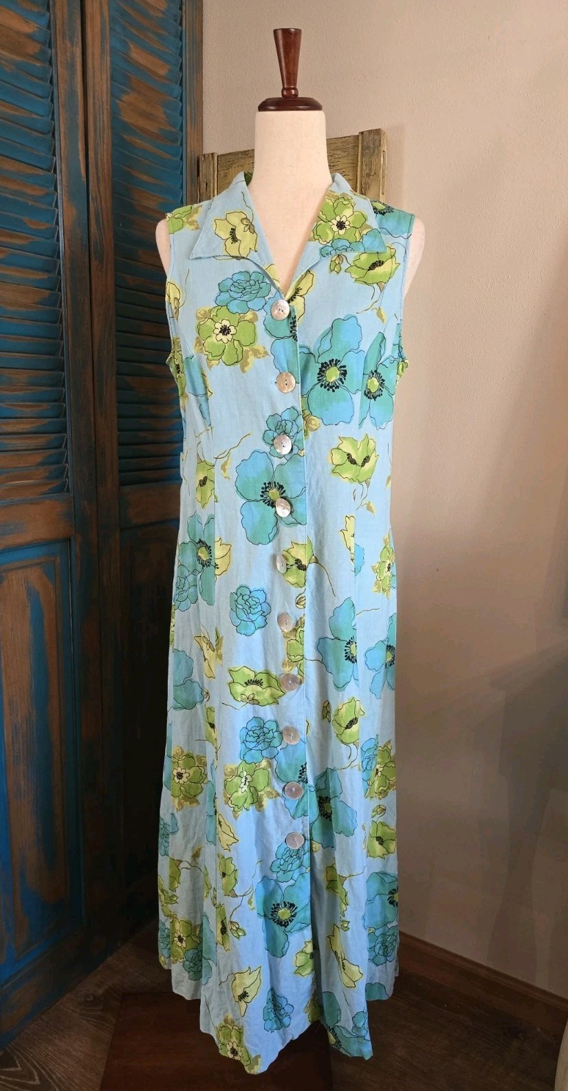 Vtg White Stag Floral Linen Rayon Crisscross Back Maxi Dress Women 16 Blue Green