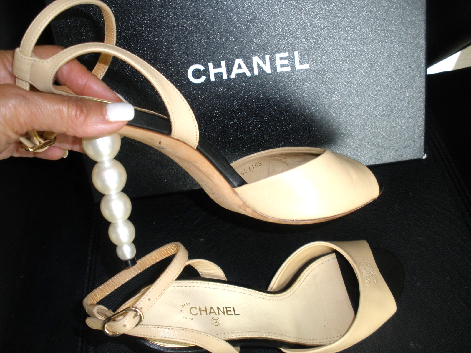 RARE AUT CHANEL $2.8K CC LOGO PEARL HEELS SANDALS, SHOES, HEELS 10.5/ 40.5