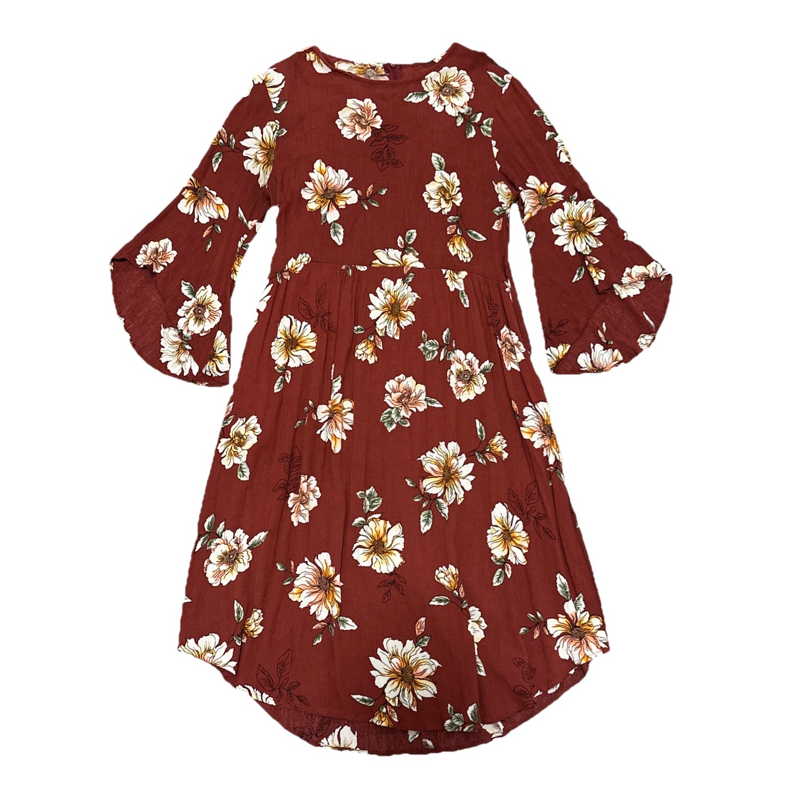 Maroon Floral Dress M Midi Half Bell Sleeve Boho Cottagecore Romantic USA Made