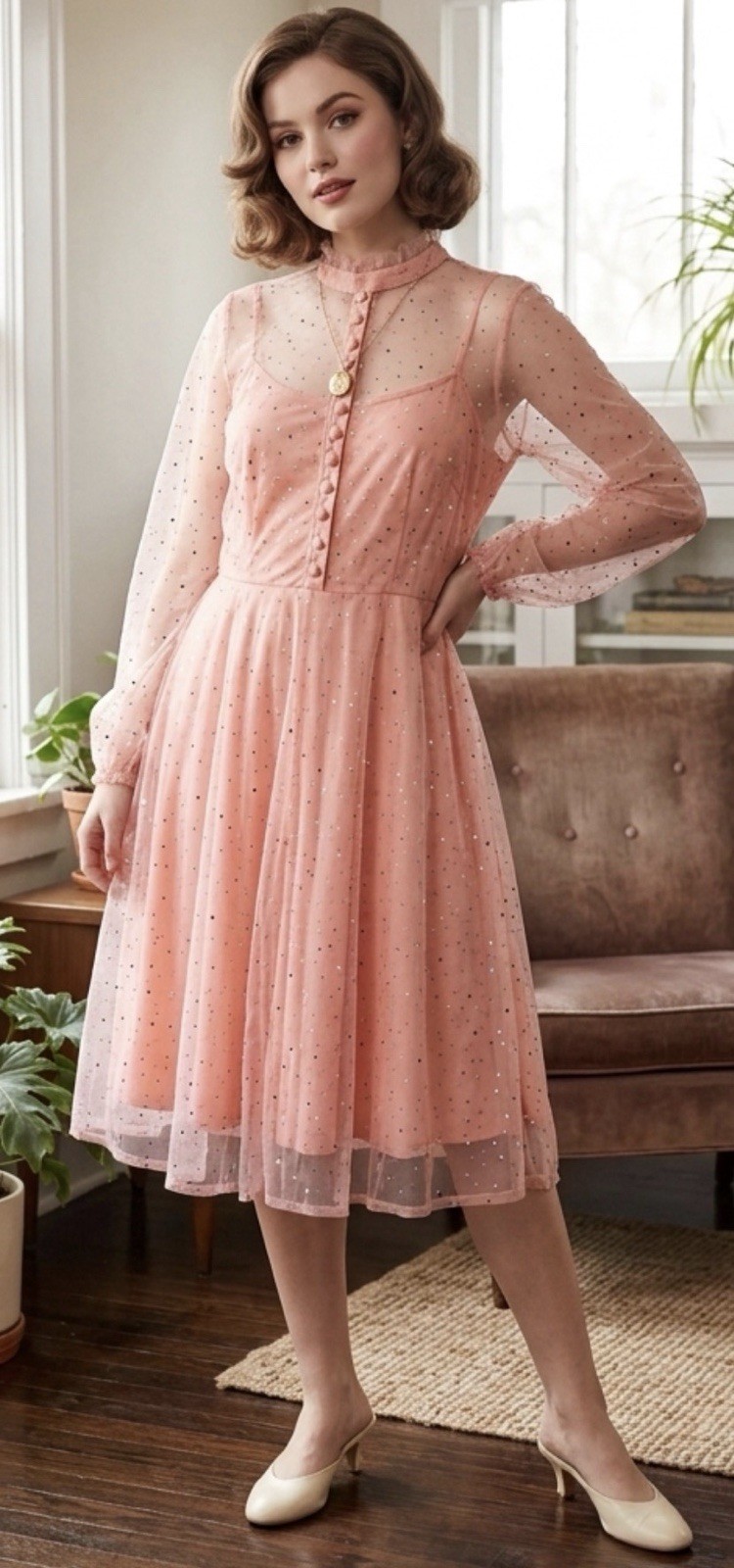Unique Vintage Peach Tulle Sheer Lined Sparkle Midi Dress Size 2X / 18 Fairycore