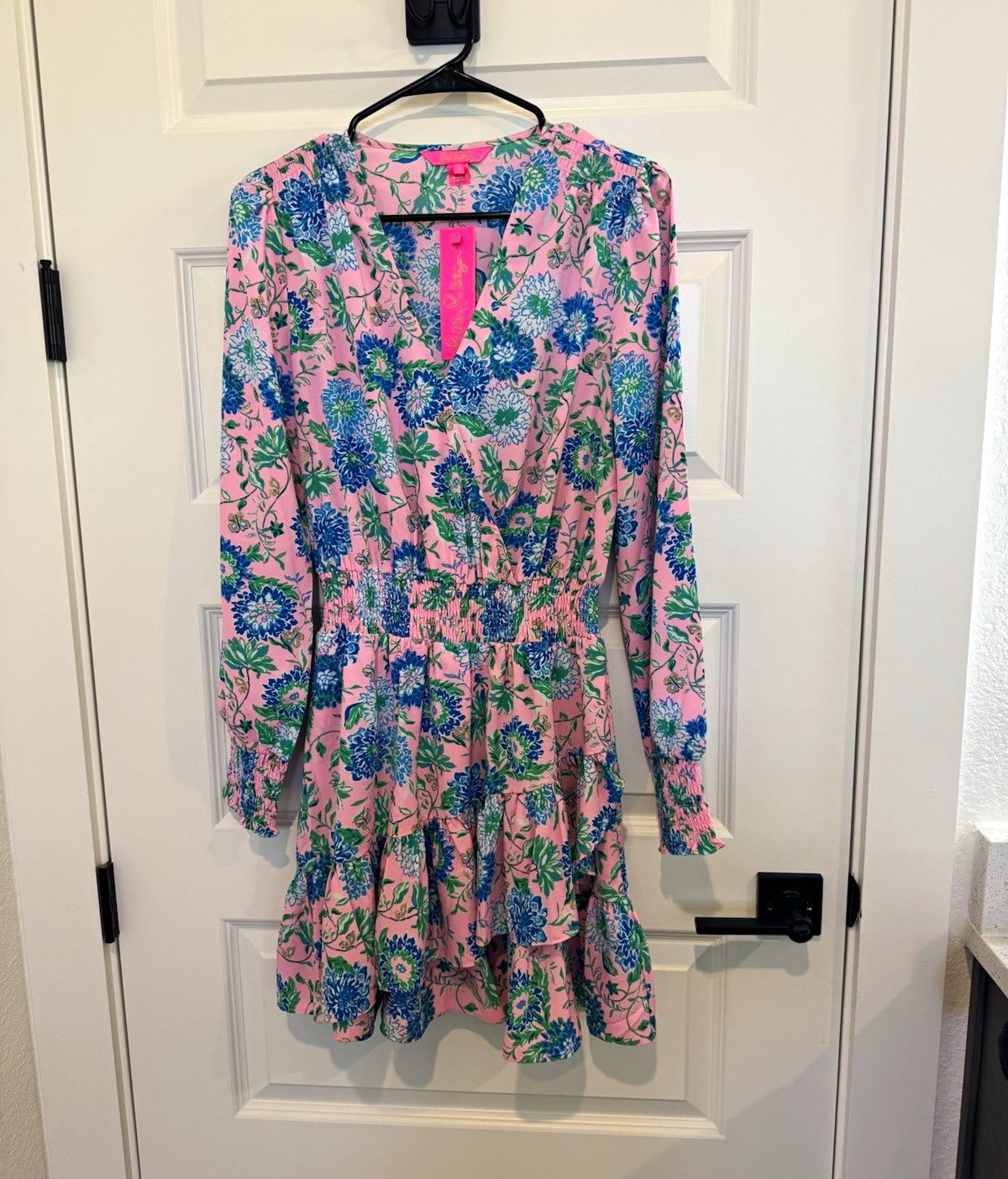 Lilly Pulitzer Pink Floral V-Neck Long Sleeve Mini Dress Rayon Size 4