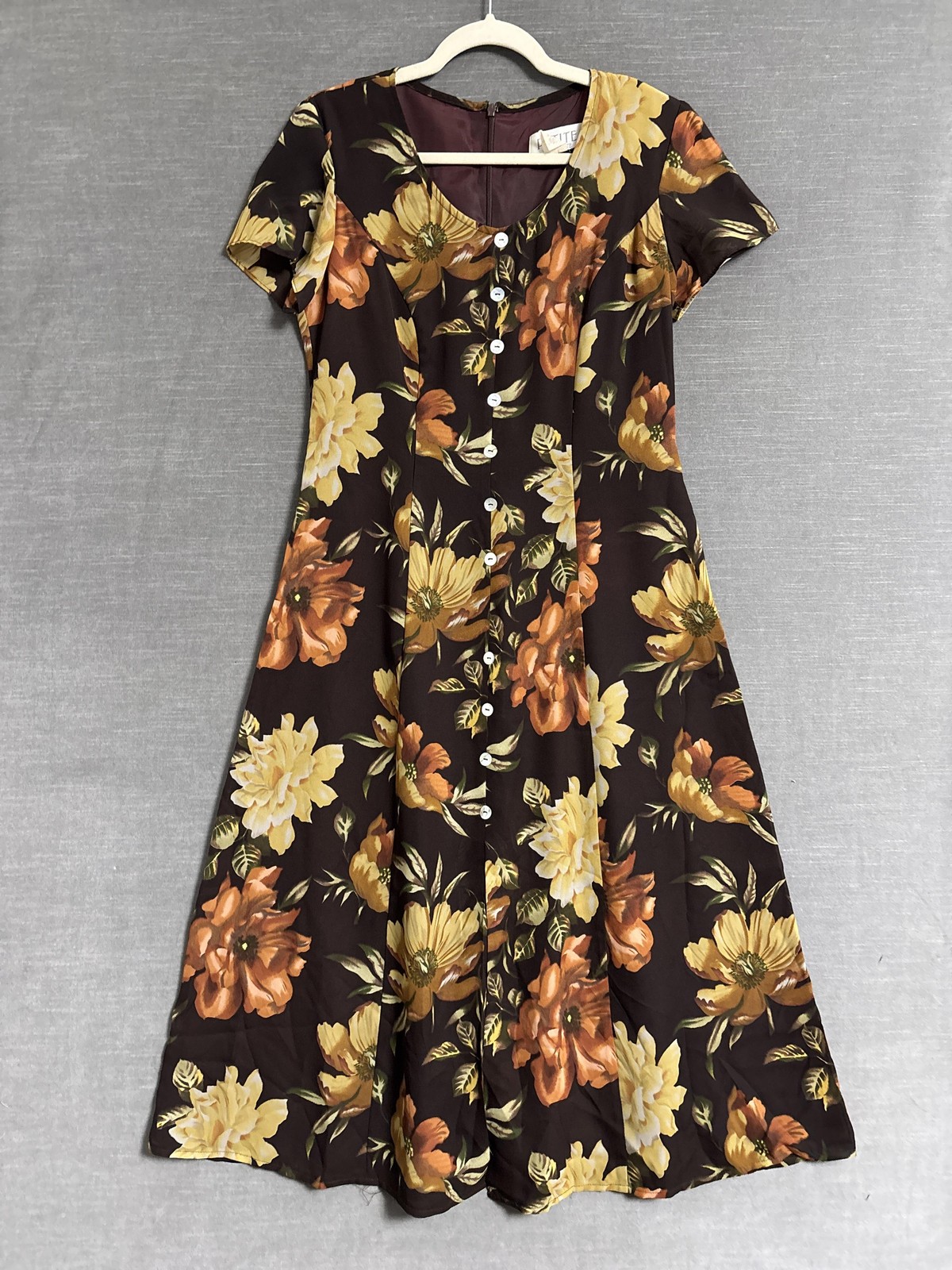 Vintage Petite Sophisticate Dress L Petite Brown Yellow Floral A Line Midi 90s