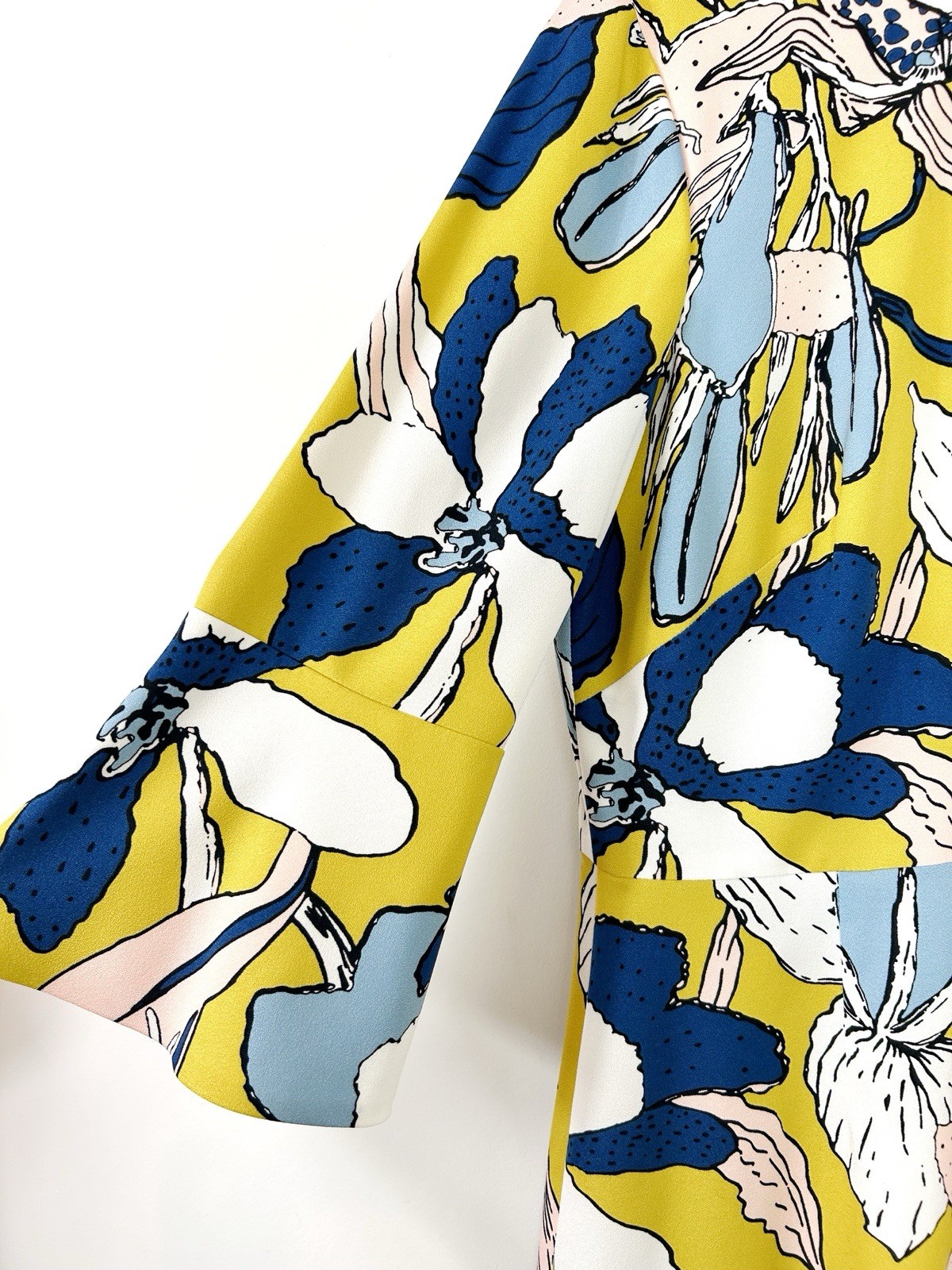 Hobbs Blue Yellow Floral Print 3/4 Sleeve Summer Wedding Pencil Dress UK 14