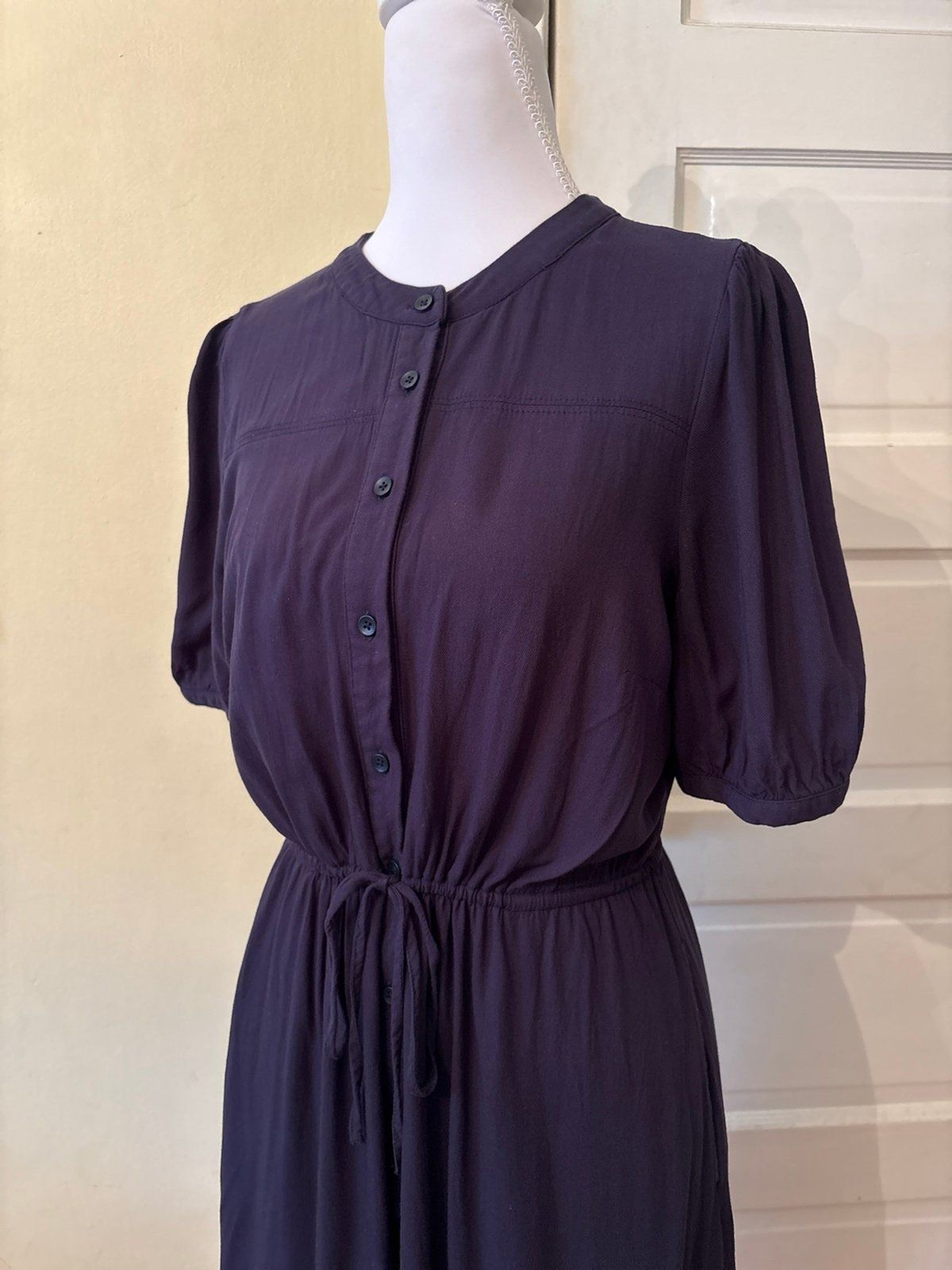 Dress half sleeve button down drawstring navy blue pockets trad wife cottage