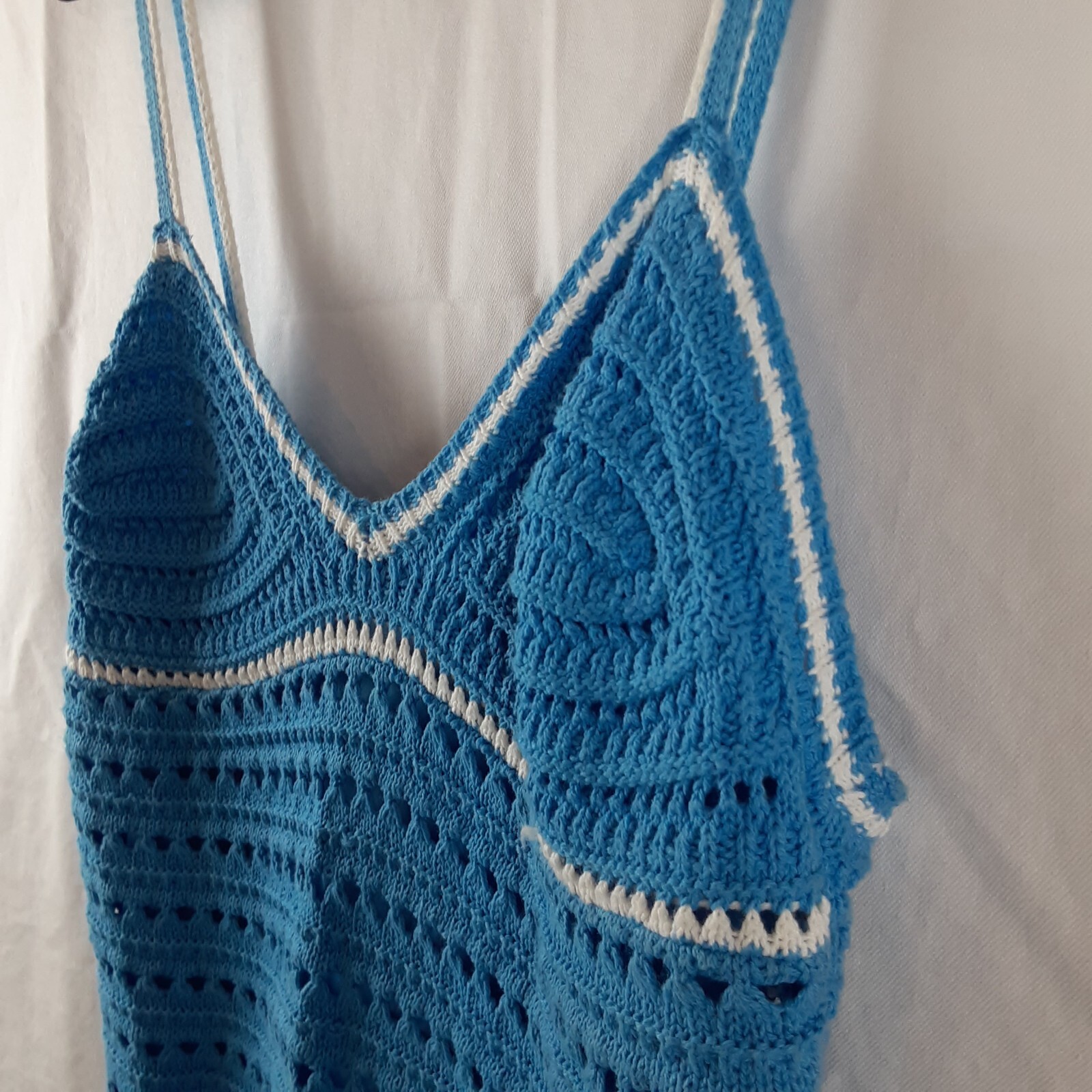 Willow & Wind Womens Small Blue Crochet Summer Dress Sleeveless White Trim