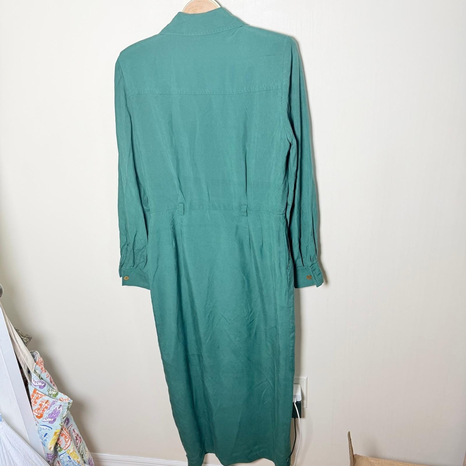 Linda Allard Ellen Tracy Teal Green 100% Silk Button Front Midi Dress Womens 10