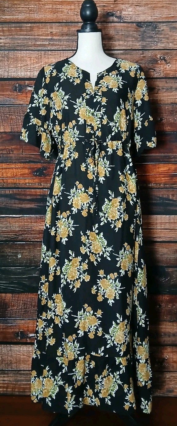 Seven Islands Maxi Dress M Oversized Black Floral Rayon Drawstring Waist NWT