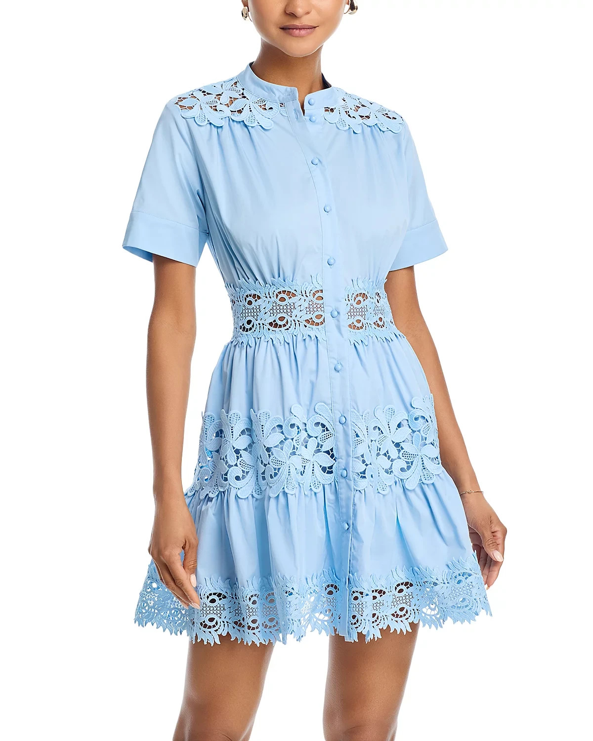 Aqua L103523 Womens Sky Blue Lace Inset Poplin Fit & Flare Shirt Dress Size XS