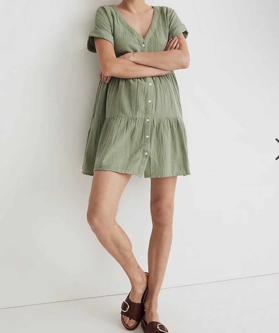 Madewell Lightspun Cuff-Sleeve Button-Front Tiered Mini Dress – Sage Green XXL