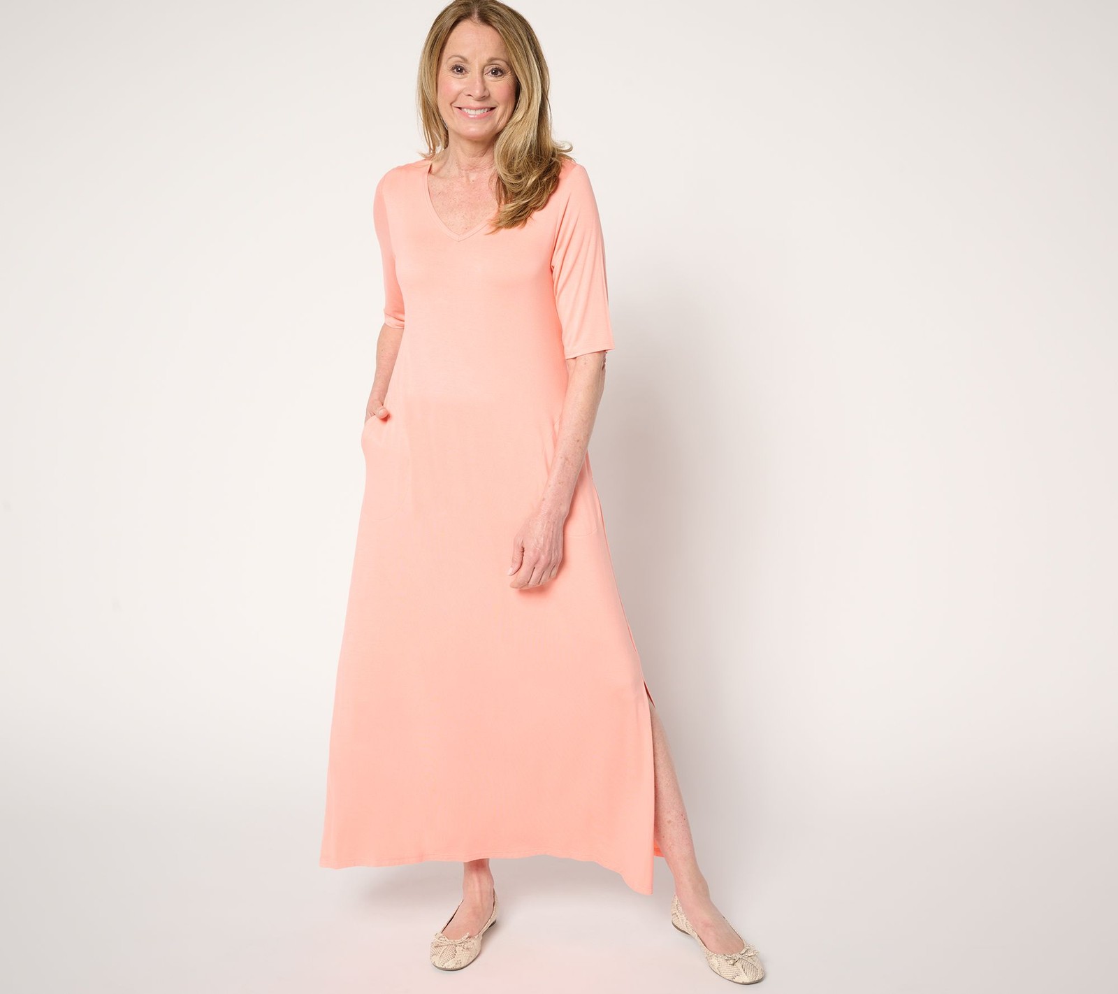 Belle by Kim Gravel Petite Rayon Spandex Elbow Sleeve Maxi Dress Creamsicle M Ne