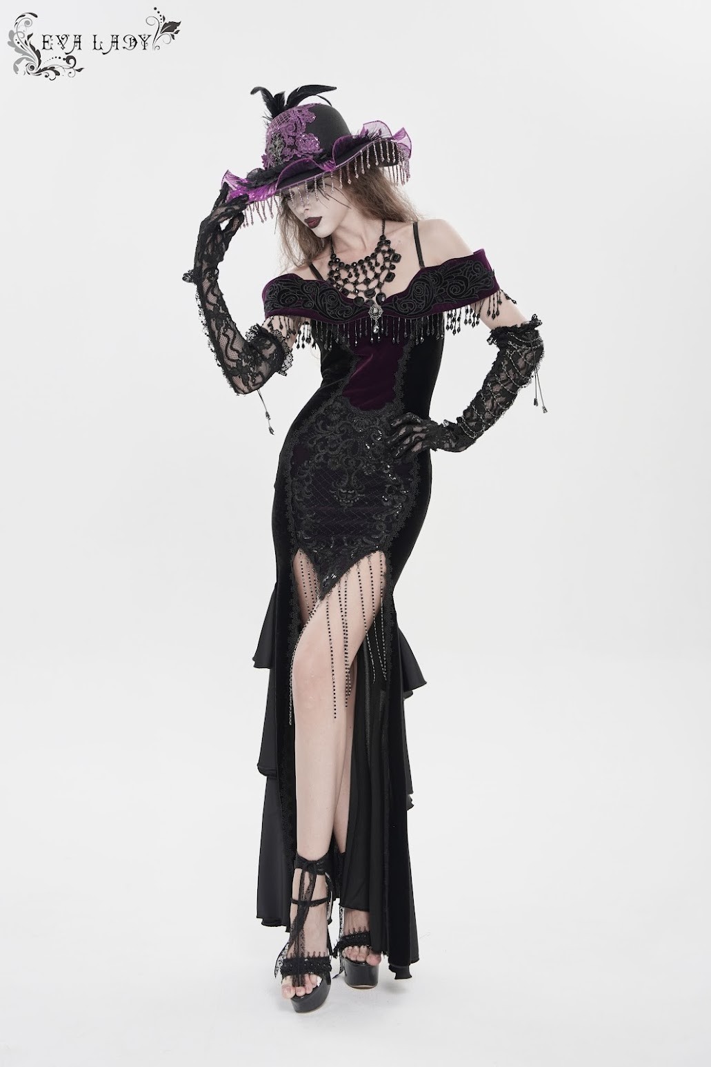 Devil Fashion Gothic Victorian ‘Vampire Masquerade’ Purple Black Velvet Gown M