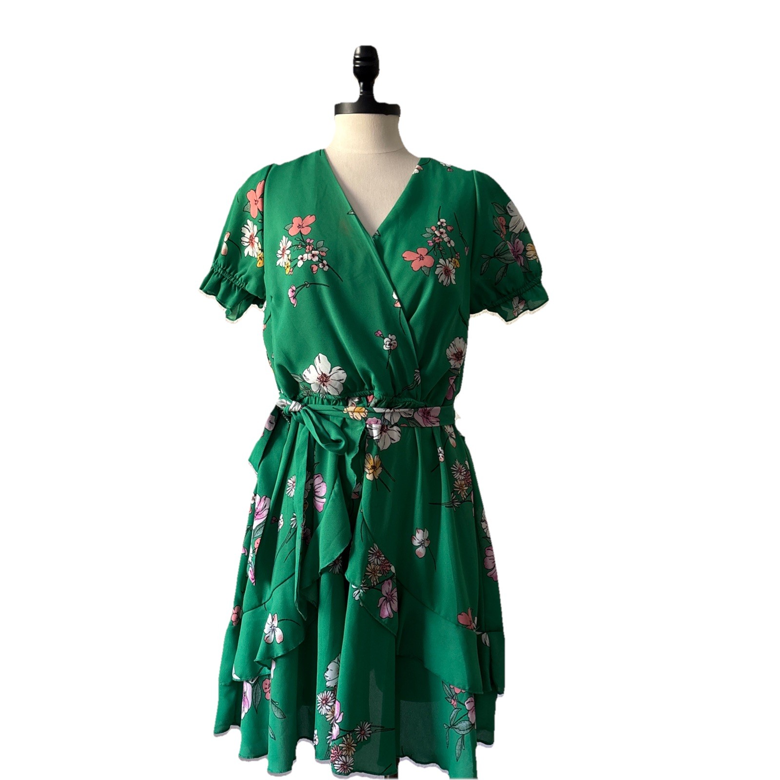 EUC Purple Snow Emerald Green Floral Midi Dress size ruffle waist tie belt L