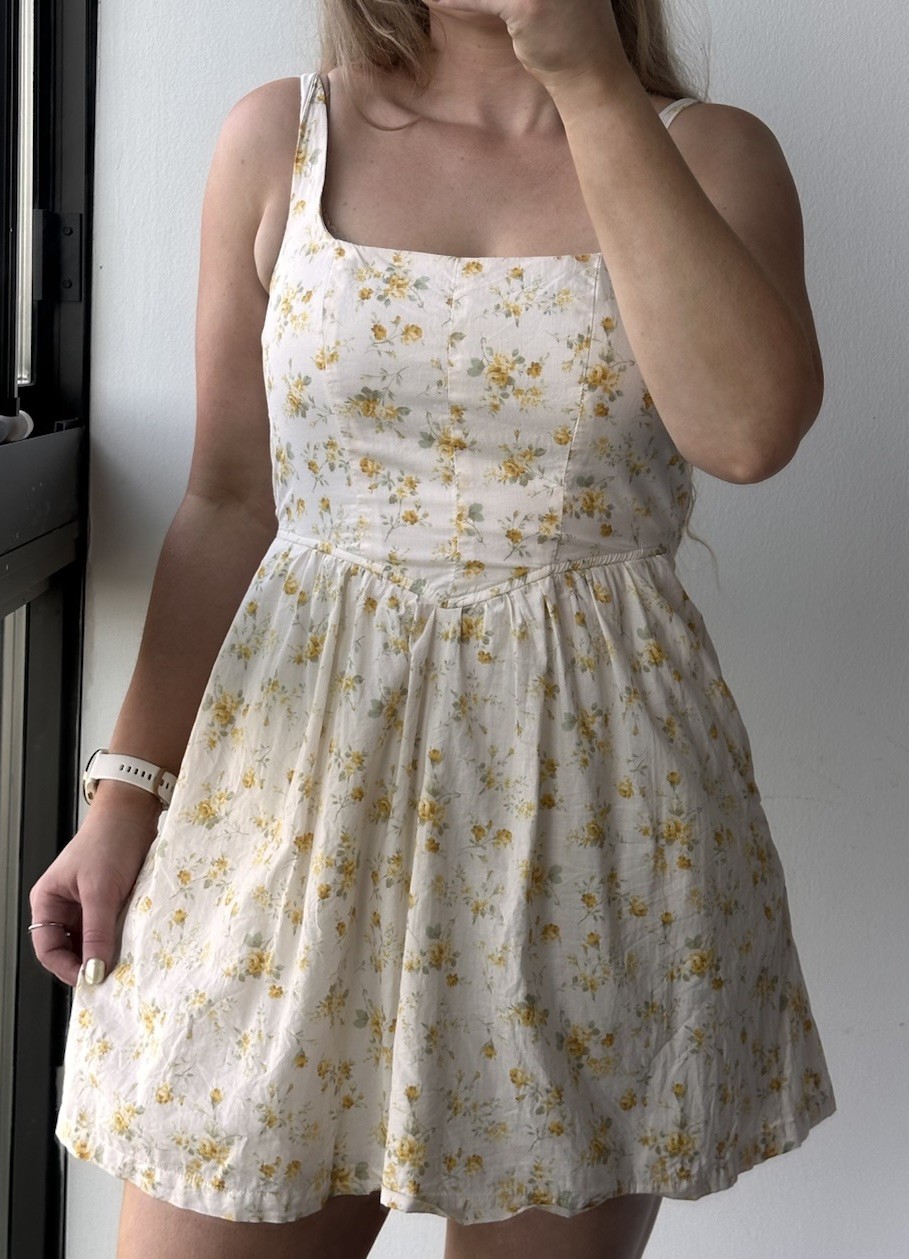 Trixxi Women’s White/Yellow Floral Square Neck Smocked Lined Sundress Size S