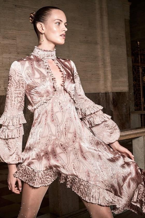 Alexis LIORA Asymmetrical Empire-Waist Keyhole Ruffle Long-Sleeve Satin Dress XS