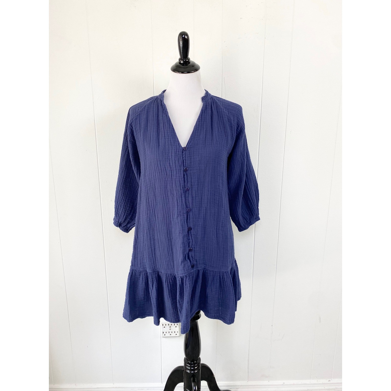 Stark X Womens Size Small Blue Double Gauze Cotton Ruffle Hem Mini Dress Coastal