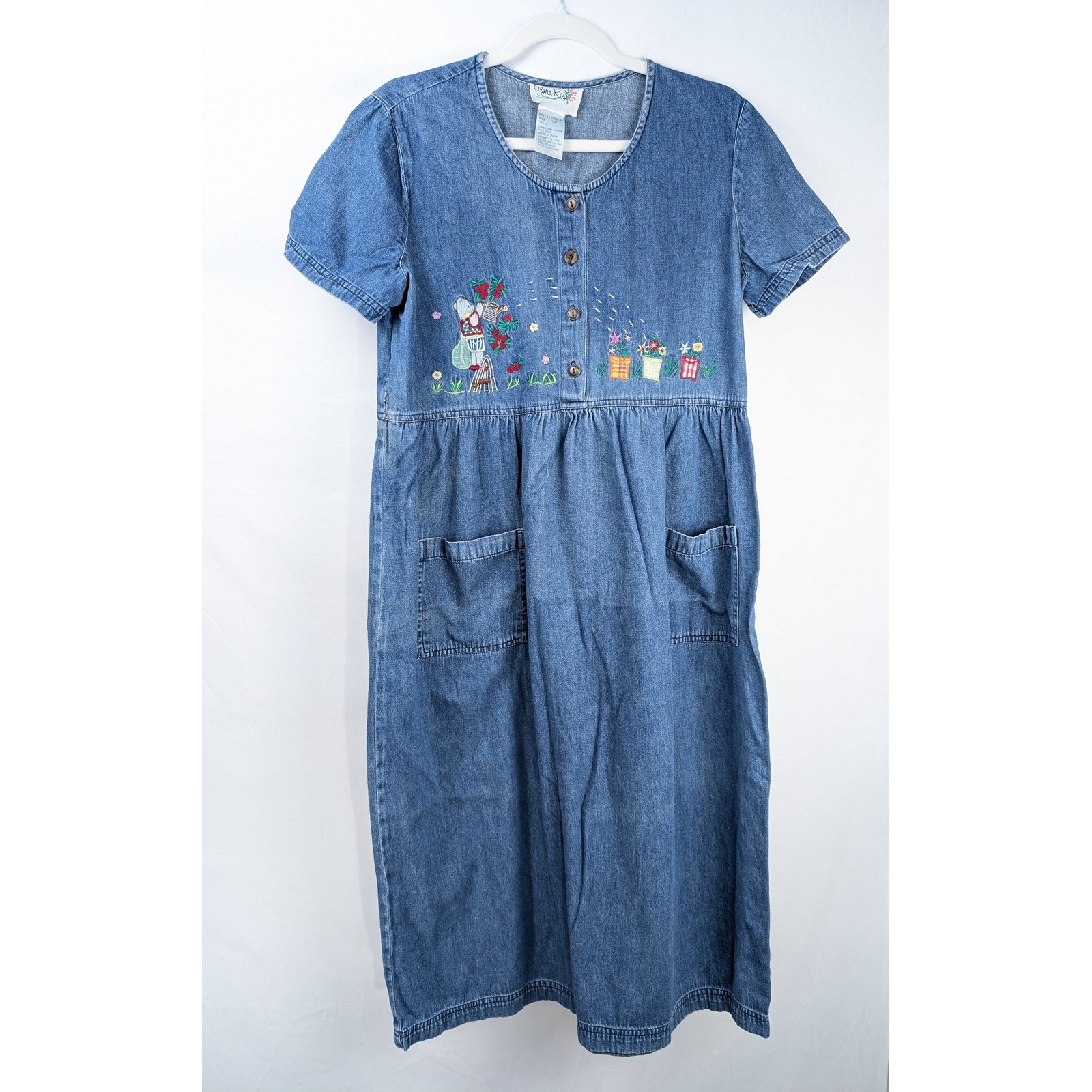 Vintage 90s Embroidered Garden Denim Dress Size 10 Cottagecore Teacher Granola