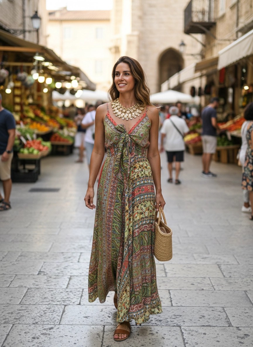 Boho Maxi Dress Tiered Ruffles,V-Neck,Floral Print work, Silk, Colorful One Size