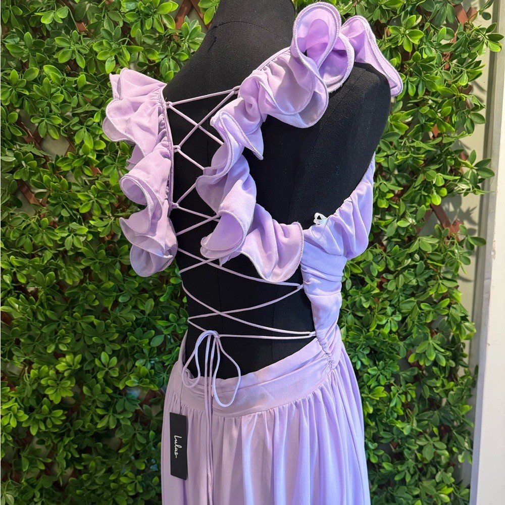 NWT- Soiree Celebration Purple Ruffled Lace-Up Dress
