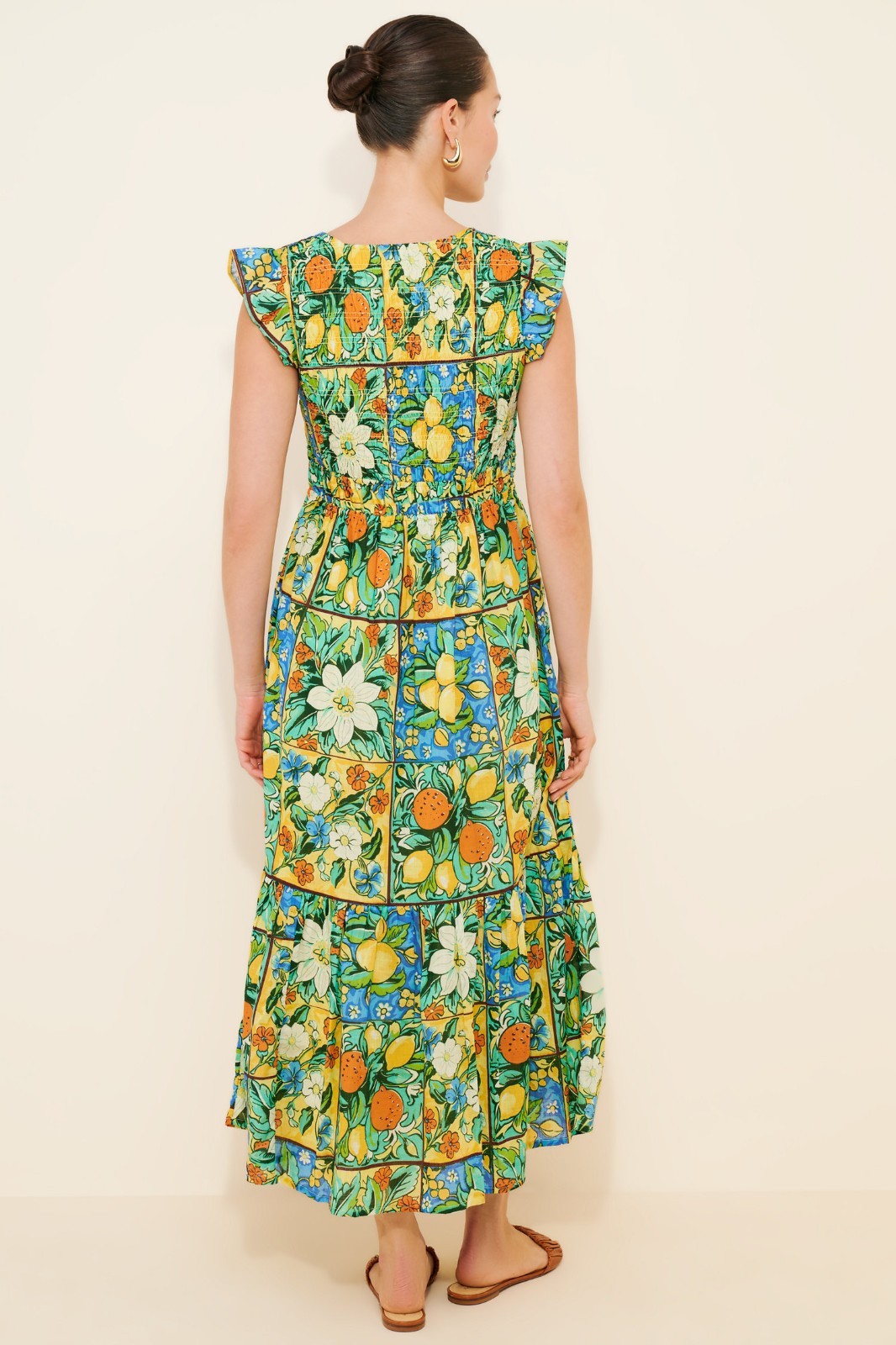 Anthropologie Peregrine Flutter Sleeve Midi Dress Citrus Floral Tile Print XXS