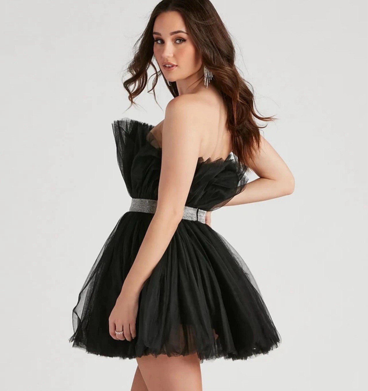 MABLE Karina Tulle Rhinestone Belt Mini Cocktail Party Dress Black Medium