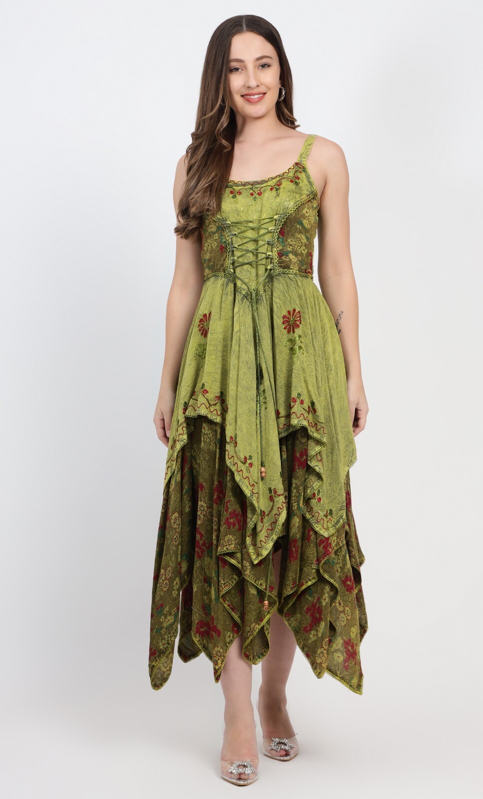Bohemian Double Layered Lace Up Midi Dress Vintage-Inspired Asymmetrical Hemline